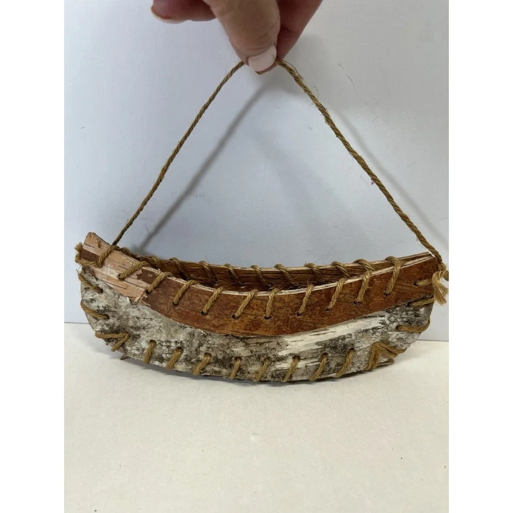 Vintage Rustic Toy Birch Bark Canoe 8" Long Hand Made - Picture 2 of 11
